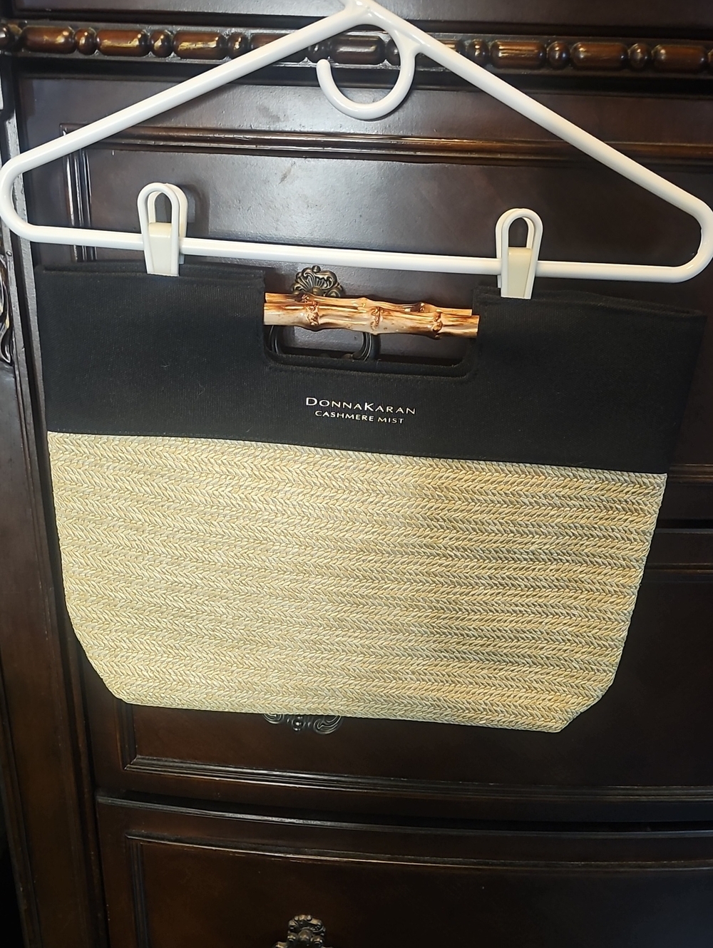 Donna Karan Black and Beige Straw Tote with Bamboo-Style Handle